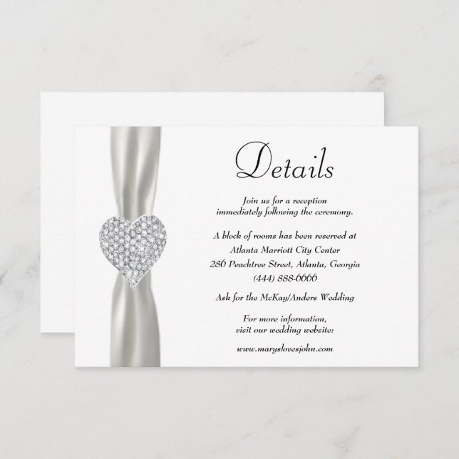 Diamond Heart White Ribbon Wedding Details Enclosure Card (Front/Back)