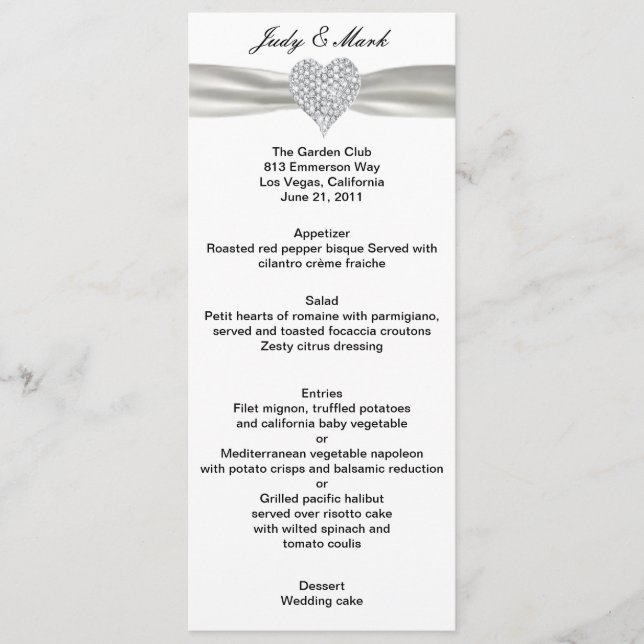 Diamond Heart White Wedding Menu Card (Front)