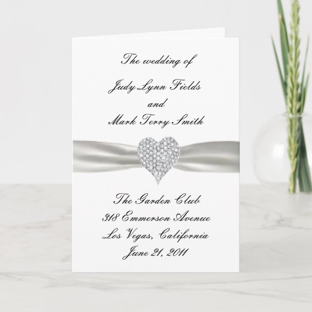 Diamond Heart White Wedding Program Card (Front)