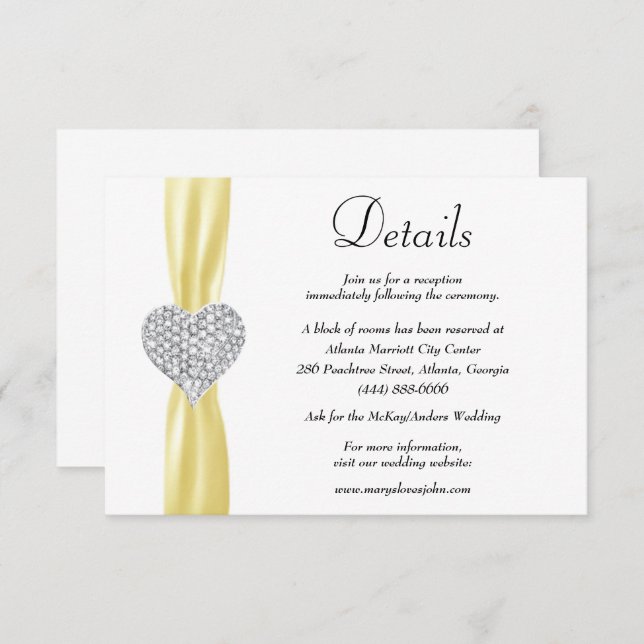 Diamond Heart Yellow Ribbon Wedding Details Enclosure Card (Front/Back)