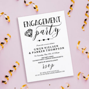 Diamond & Hearts   Black & White Engagement Party Invitation