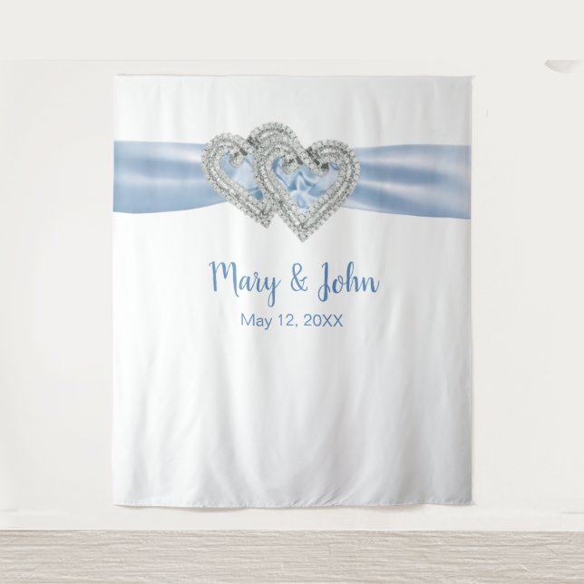 Diamond Hearts Blue Ribbon Wedding Backdrop Tapestry (Front)