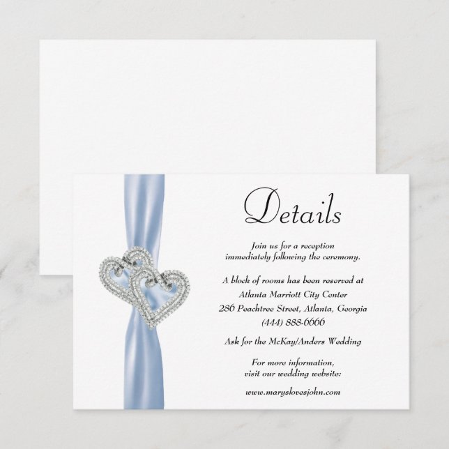 Diamond Hearts Blue Ribbon Wedding Details Enclosure Card (Front/Back)