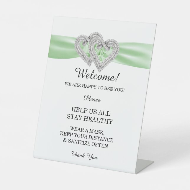 Diamond Hearts Green Ribbon Wedding Safety  Pedestal Sign (Front)