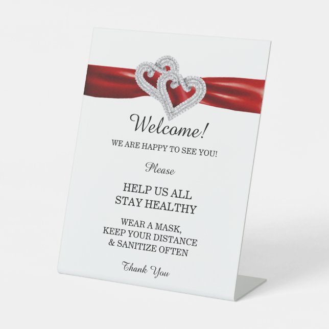 Diamond Hearts Red Ribbon Wedding Safety Pedestal Sign (Front)