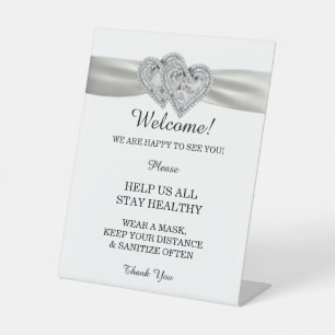 Diamond Hearts White Ribbon Wedding Safety Pedestal Sign