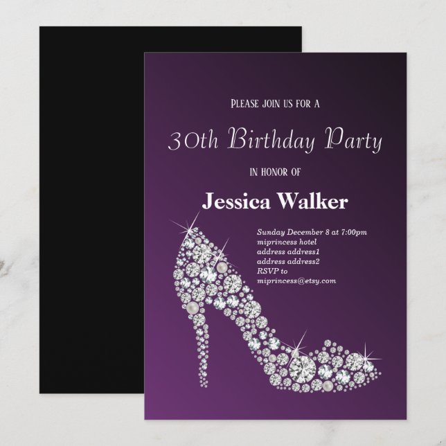 diamond high heels purple elegant birthday party invitation (Front/Back)