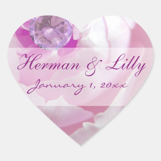 Diamond in a Pink Rose Personalise Wedding Heart Sticker (Front)
