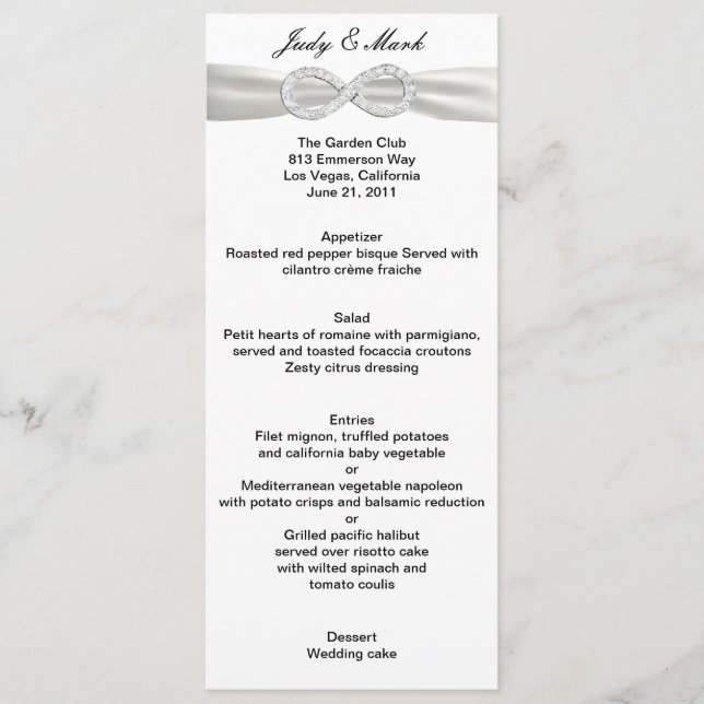 Diamond Infinity White Wedding Menu Card (Front)