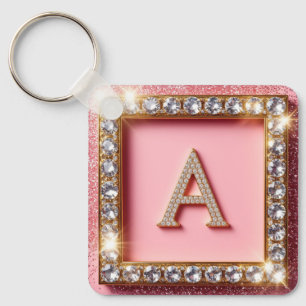 Diamond Initial A Gold Frame Pink Glitter Monogram Key Ring