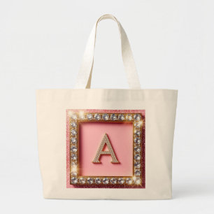 Diamond Initial A Gold Frame Pink Glitter Monogram Large Tote Bag