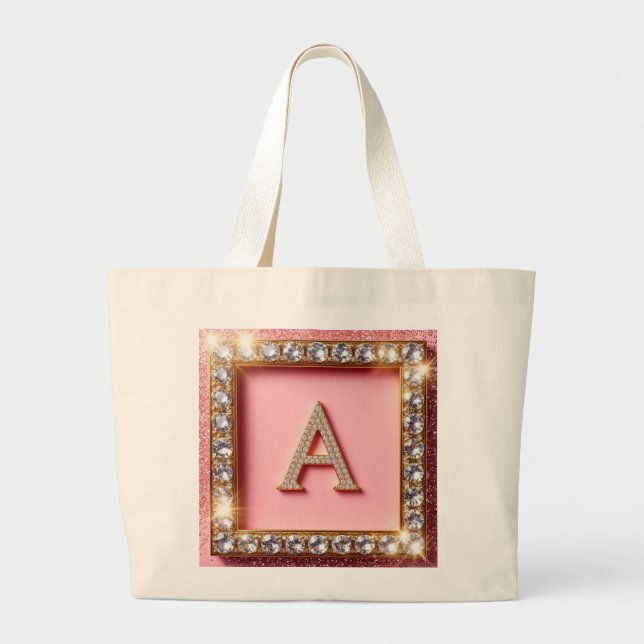 Diamond Initial A Gold Frame Pink Glitter Monogram Large Tote Bag (Front)