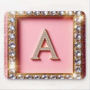 Diamond Initial A Gold Frame Pink Glitter Monogram Mouse Mat