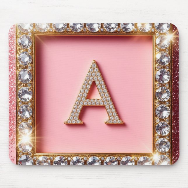 Diamond Initial A Gold Frame Pink Glitter Monogram Mouse Mat (Front)