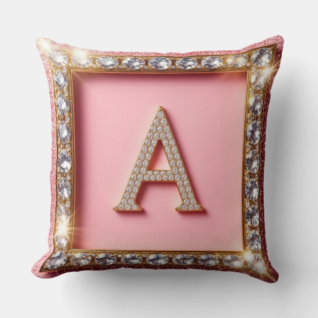 Diamond Initial A Pink Glitter Monogram Cushion (Front)