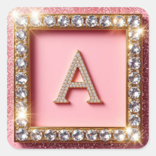 Diamond Initial A Pink Glitter Monogram Square Sticker