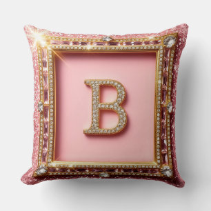 Diamond Initial B Pink Glitter Gold Frame Monogram Cushion