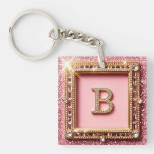 Diamond Initial B Pink Glitter Gold Frame Monogram Key Ring