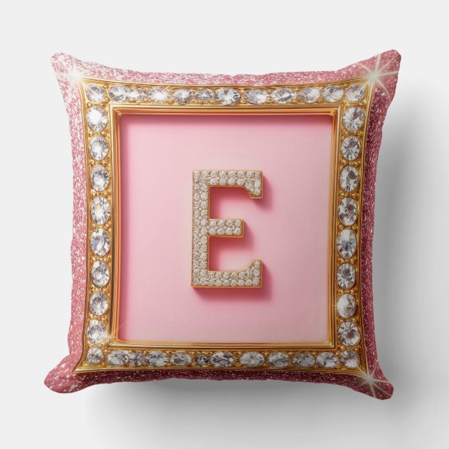 Diamond Initial E Gold Frame Pink Glitter Monogram Cushion (Front)