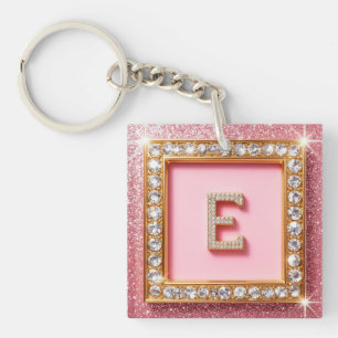 Diamond Initial E Gold Frame Pink Glitter Monogram Key Ring