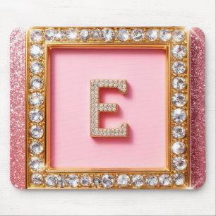 Diamond Initial E Gold Frame Pink Glitter Monogram Mouse Mat