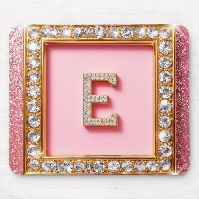 Diamond Initial E Gold Frame Pink Glitter Monogram Mouse Mat (Front)