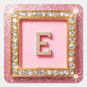 Diamond Initial E Gold Frame Pink Glitter Monogram Square Sticker