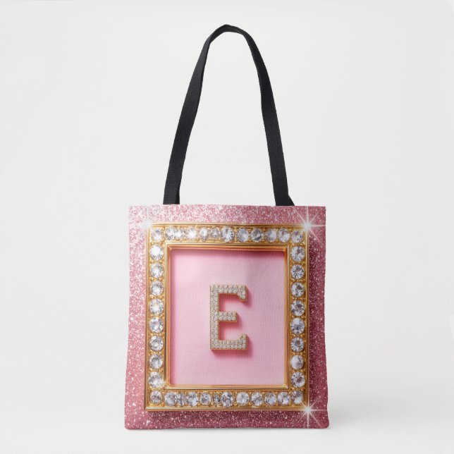 Diamond Initial E Gold Frame Pink Glitter Monogram Tote Bag (Front)