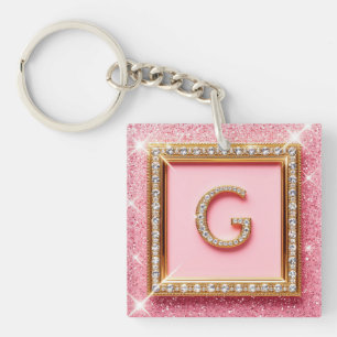 Diamond Initial G Gold Frame Pink Glitter Monogram Key Ring