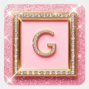 Diamond Initial G Gold Frame Pink Glitter Monogram Square Sticker