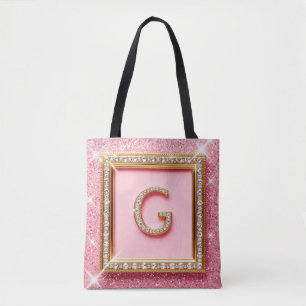 Diamond Initial G Gold Frame Pink Glitter Monogram Tote Bag
