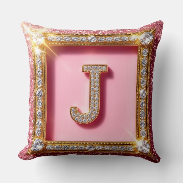 Diamond Initial J Pink Glitter Gold Frame Monogram Cushion (Front)