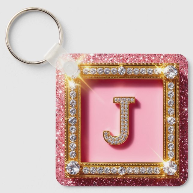 Diamond Initial J Pink Glitter Gold Frame Monogram Key Ring (Front)