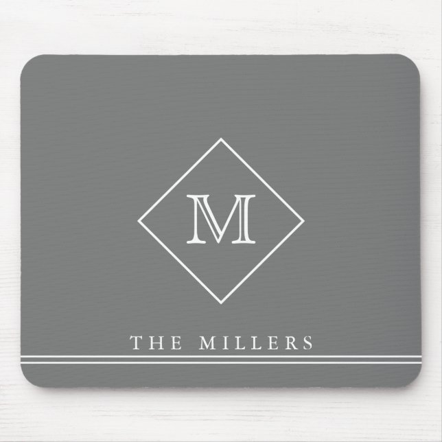 Diamond Initial Monogram, Personalised Grey White  Mouse Mat (Front)