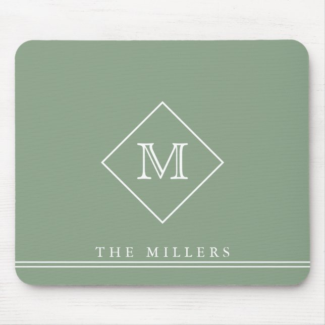 Diamond Initial Monogram, Personalised Sage Green Mouse Mat (Front)