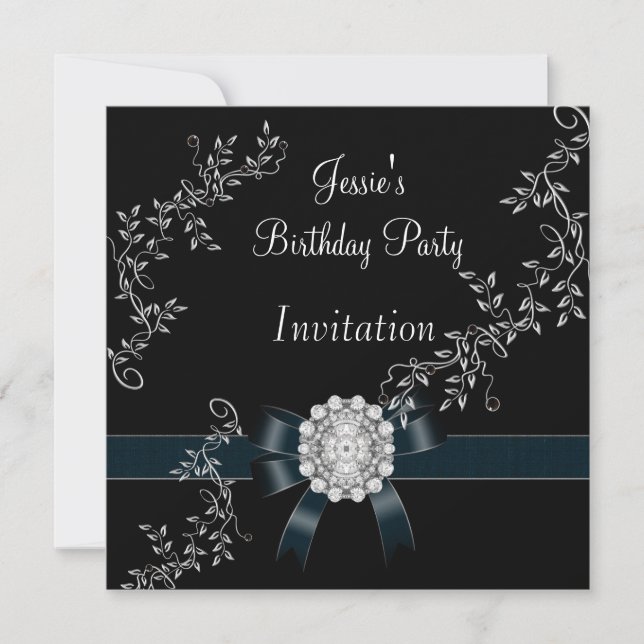 Diamond Jewel Black Bow Silver Invitation (Front)