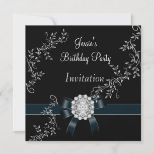Diamond Jewel Black Bow Silver Invitation