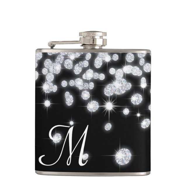 Diamond Jewels Jewellery Glit Monogram Whiskey Hip Flask (Front)