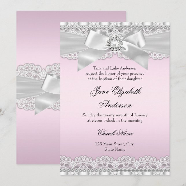 Diamond Lace Bow Pink Baptism Invite (Front/Back)