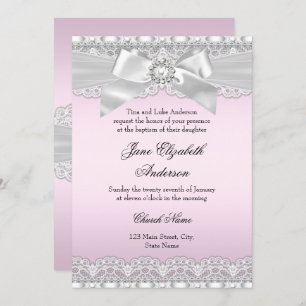 Diamond Lace Bow Pink Baptism Invite