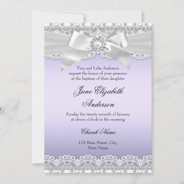 Diamond Lace & Bow Purple Baptism Invite (Front)