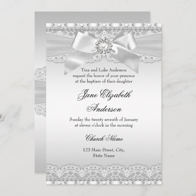 Diamond Lace & Bow Silver Baptism Invite (Front/Back)