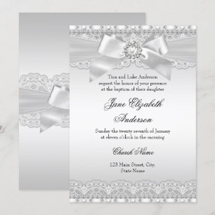 Diamond Lace & Bow Silver Baptism Invite