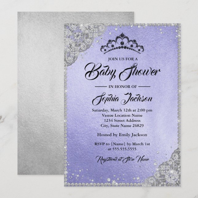 Diamond Lace Purple Silver Girl Baby Shower Invitation (Front/Back)