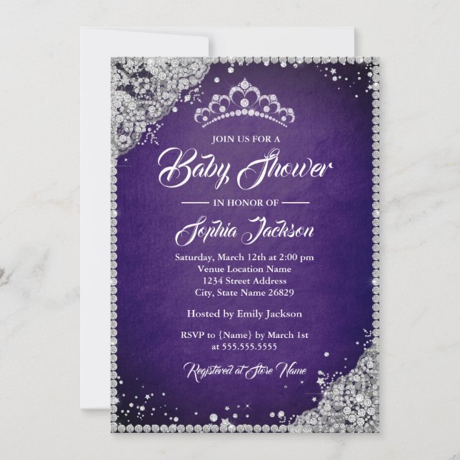 Diamond Lace Purple Silver Girl Baby Shower Invitation (Front)
