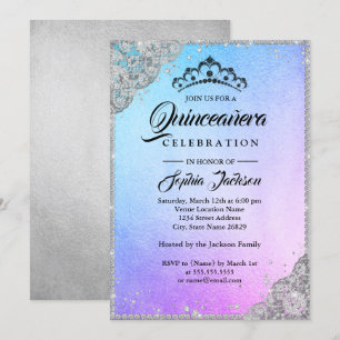 Diamond Lace Sparkle Blue Purple Quinceanera Invitation