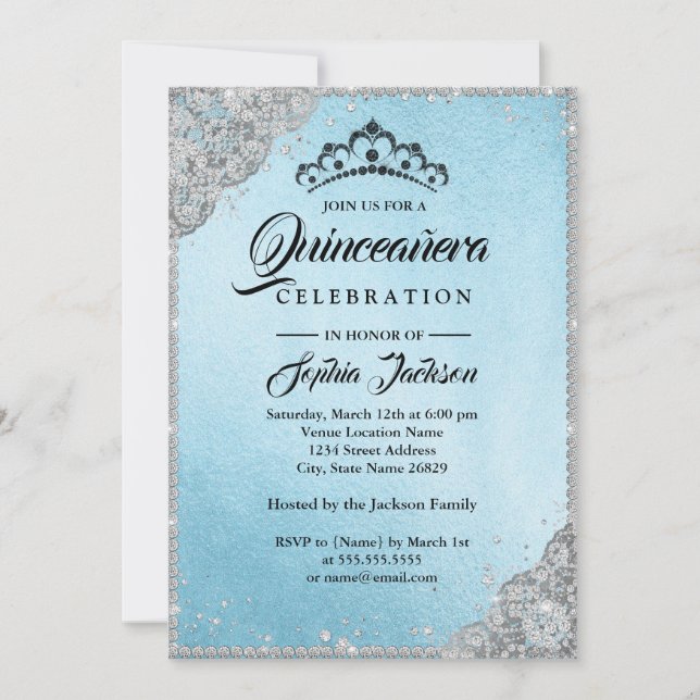 Diamond Lace Sparkle Blue Quinceanera Invitation (Front)