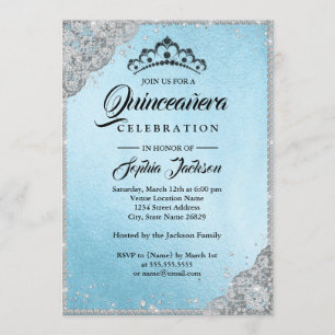 Diamond Lace Sparkle Blue Quinceanera Invitation