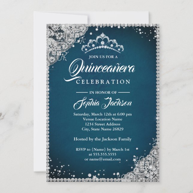 Diamond Lace Sparkle Blue Silver Quinceanera Invitation (Front)