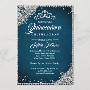 Diamond Lace Sparkle Blue Silver Quinceanera Invitation